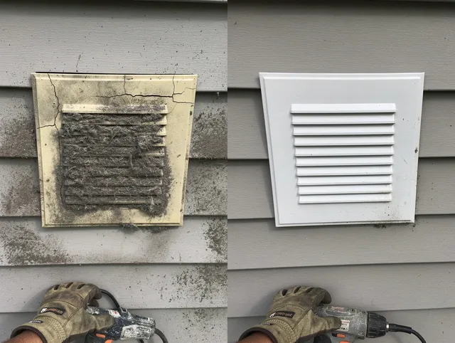Carver Dryer Vent Cleaning technician installing high-quality dryer vent cover at a residential property in Carver