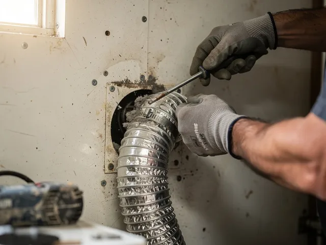 Carver Dryer Vent Cleaning technician performing precise dryer vent hose installation in Carver